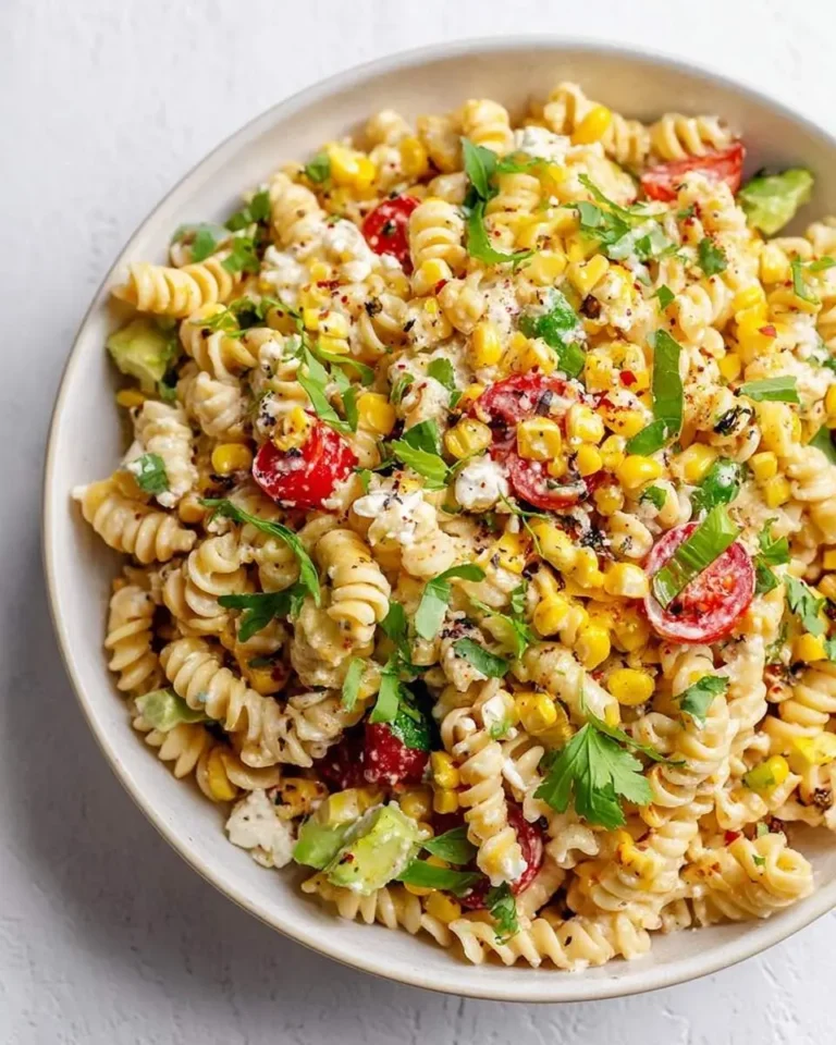 A close-up top-down view of a creamy Street Corn Pasta Salad, featuring fusilli, corn, cherry tomatoes, avocado, and fresh herbs in a white bowl.