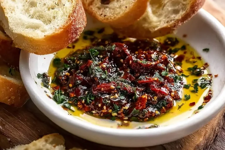 Close-up of a rustic Sun Dried Tomato Garlic Olive Oil Dip served in a white bowl with crusty bread slices.