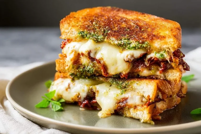 A perfectly toasted Sun-Dried Tomato Pesto Grilled Cheese sandwich, cut in half and stacked, revealing gooey melted cheese and vibrant green pesto.