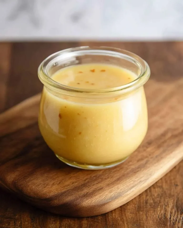 A small glass jar of vibrant sweet onion dijon vinaigrette with visible specks sits on a rustic wooden cutting board.