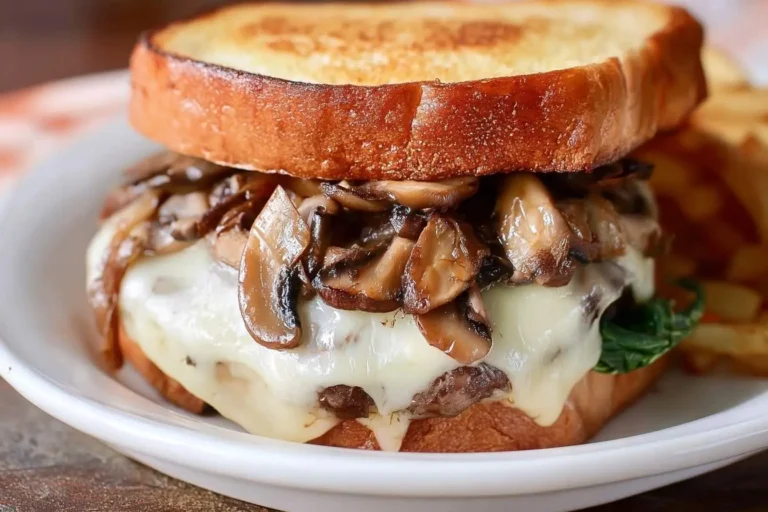 A close-up of a delicious Swiss Mushroom Melt sandwich on a white plate, showcasing melted cheese, sautéed mushrooms, and toasted bread.