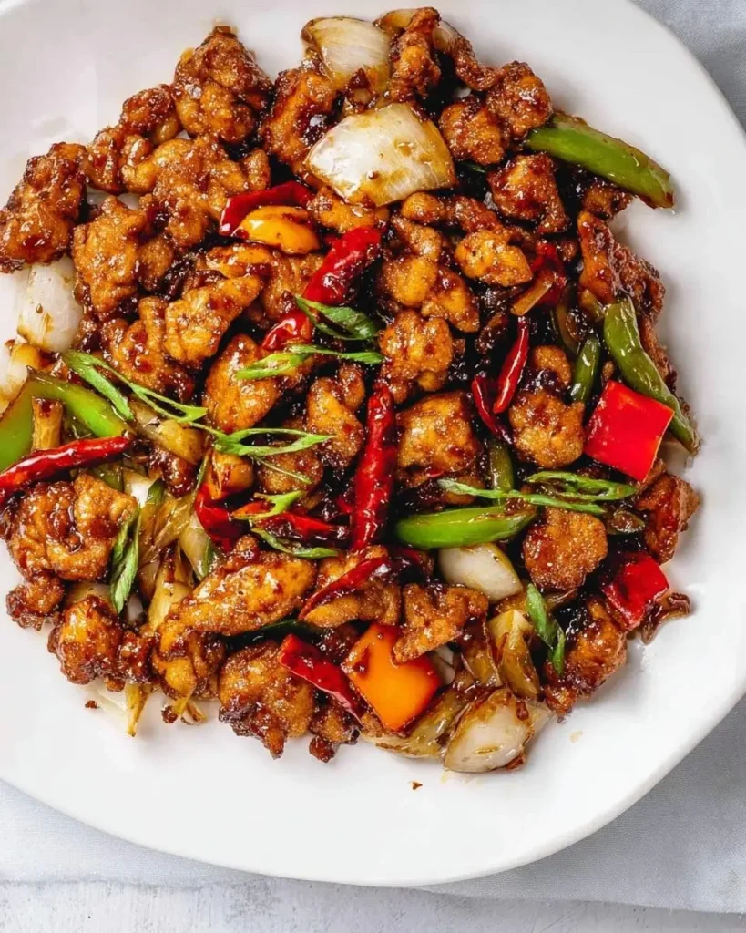 A close-up shot of a white plate filled with spicy Szechuan Chicken, featuring crispy chicken pieces, onions, green and red peppers, and dried red chilies.