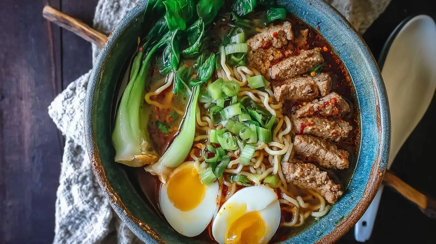 Overhead view of a vibrant bowl of Tan Tan Ramen featuring noodles, tender meat, bok choy, green onions, and soft-boiled eggs.