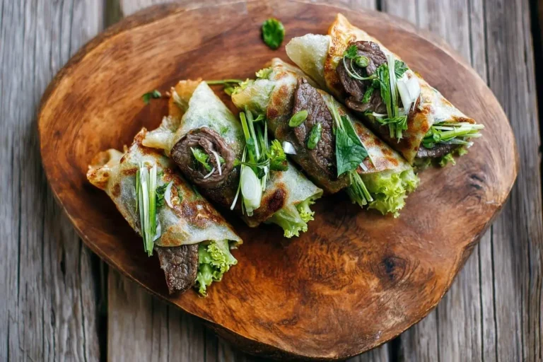 A rustic wooden board displays five savory Thai Basil Beef Rolls, filled with tender beef, crisp lettuce, and fresh green herbs.