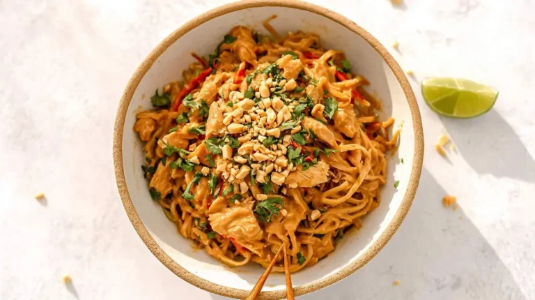 A vibrant bowl of Thai Peanut Sauce Noodles with Chicken, topped with crushed peanuts and fresh cilantro, served with a lime wedge.