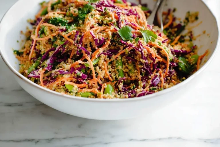 A vibrant Thai Quinoa Crunch Salad in a white bowl, featuring quinoa, red cabbage, shredded carrots, edamame, and fresh herbs.