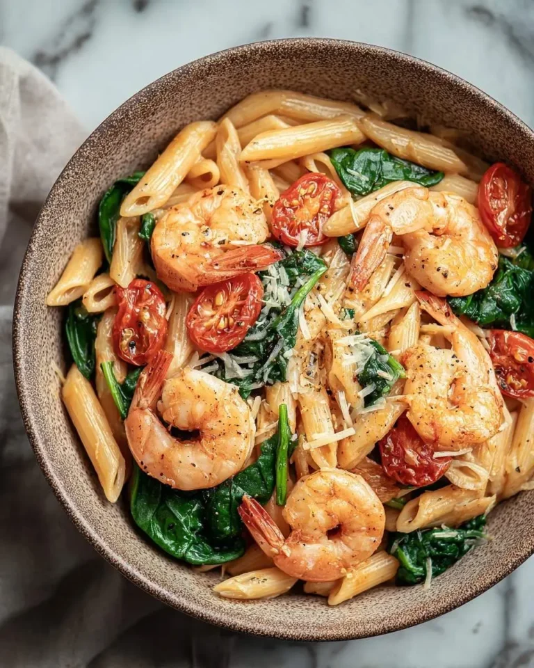 A close-up overhead shot of a rustic bowl filled with delicious Tomato and Spinach Shrimp Pasta, garnished with cheese and pepper.