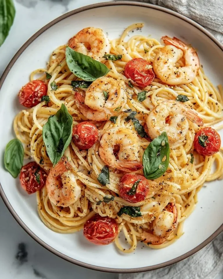 A close-up overhead shot of a delicious plate of Tomato Basil Shrimp Pasta, garnished with fresh basil leaves.