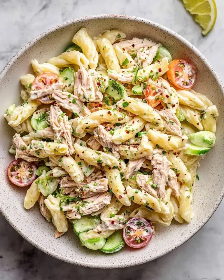 A flavorful Tuna Pasta Salad in a speckled bowl, packed with penne pasta, tender tuna, crisp cucumber, and halved cherry tomatoes.