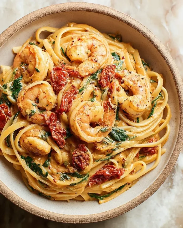 A close-up of a rustic bowl filled with creamy Tuscan Shrimp Linguine, featuring perfectly cooked shrimp, sun-dried tomatoes, and fresh spinach.