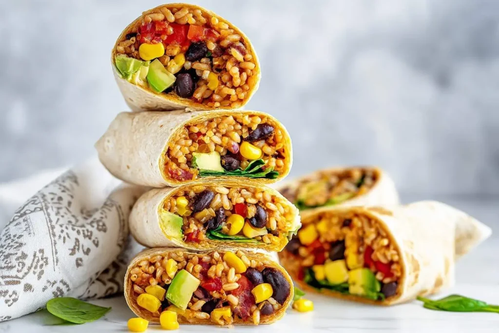 A stack of three delicious-looking, cut-in-half Vegan Burrito wraps filled with brown rice, black beans, corn, avocado, and fresh greens, with more burritos in the background.