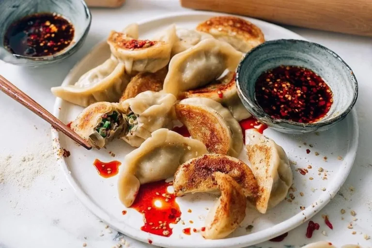 A plate of golden-bottomed and steamed Vegan Dumplings, with spicy chili dipping sauce and chopsticks, ready to be eaten.