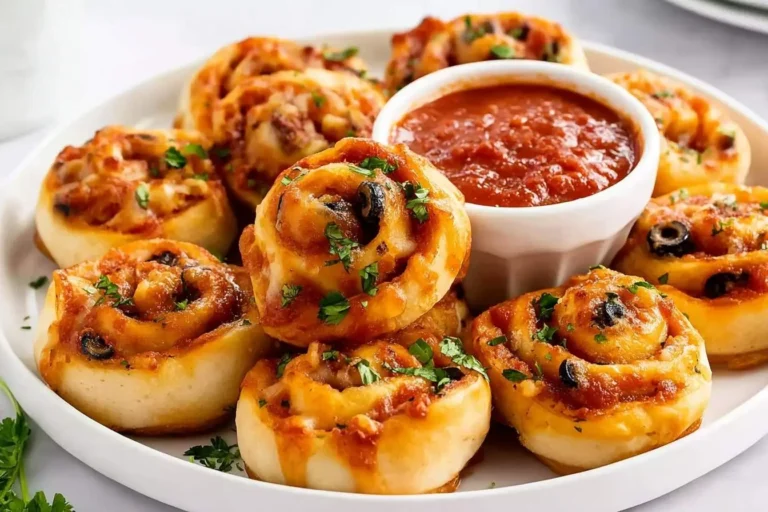A white plate overflowing with golden-brown Vegan Pizza Rolls, garnished with fresh parsley and black olive slices, alongside a bowl of marinara dipping sauce.