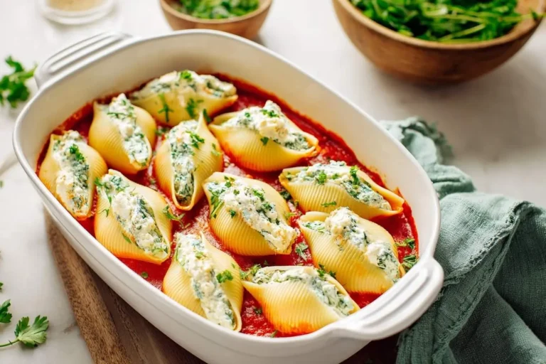 Vegan Stuffed Shells in a white baking dish, filled with creamy plant-based ricotta and spinach, served in marinara sauce.