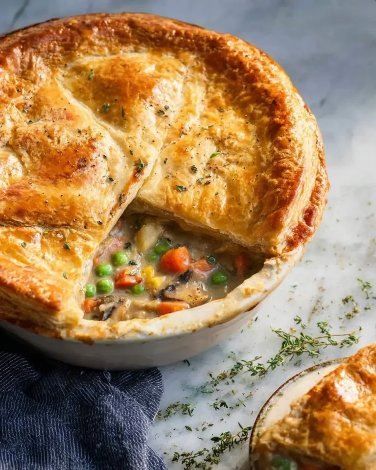 A golden-crusted vegetarian pot pie in a white dish with a slice removed, revealing creamy filling with peas, carrots, mushrooms, and corn.