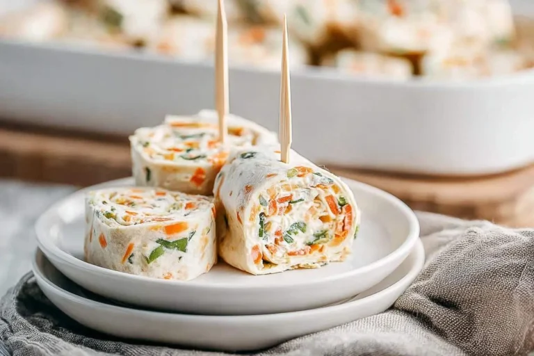 Close-up of three delicious veggie tortilla roll ups, filled with cream cheese, carrots, and herbs, served on white plates with toothpicks.