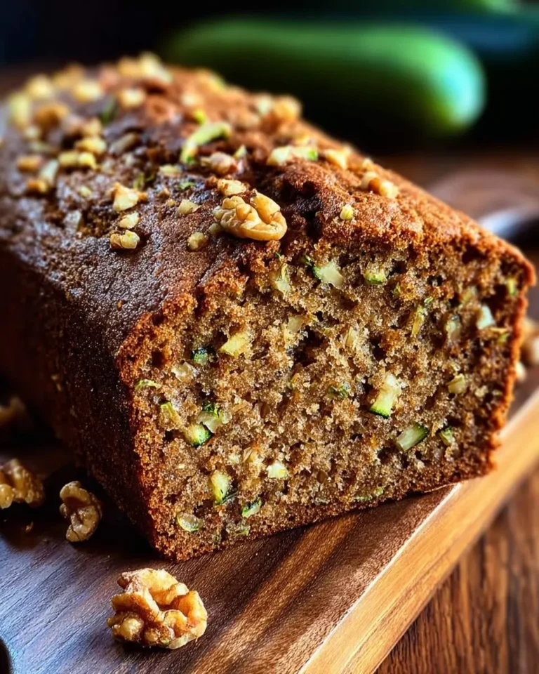 A close-up shot of a freshly baked loaf of Zucchini Walnut Bread, featuring a rich brown crust, visible walnuts, and shredded zucchini bits.
