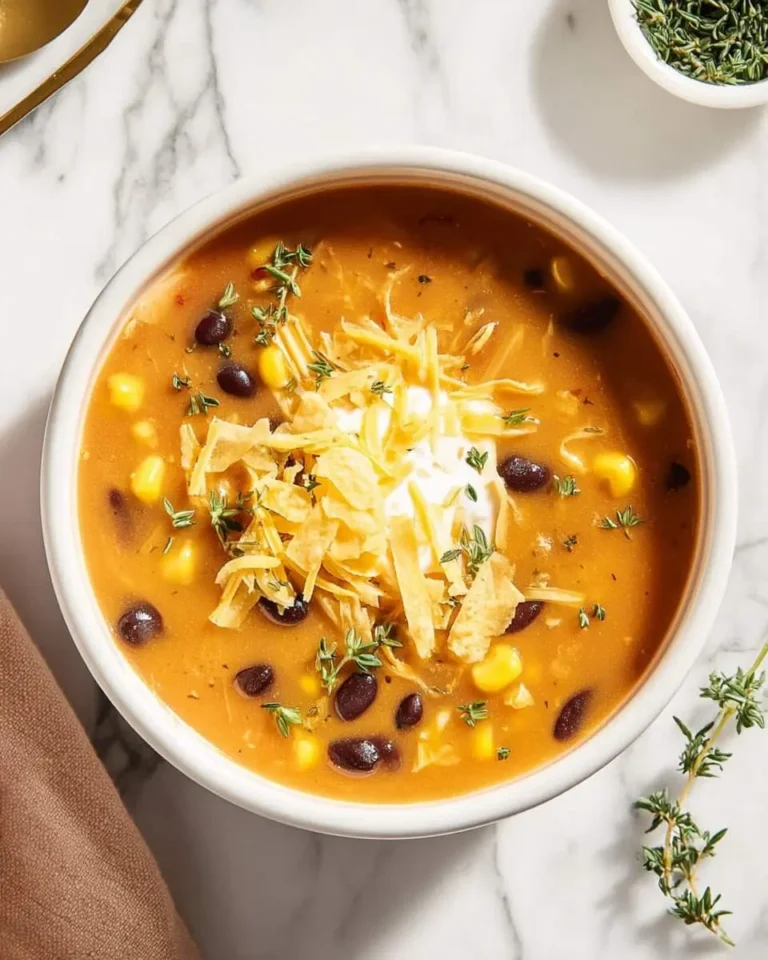 Overhead view of a hearty 7 Can Soup with black beans, corn, and a creamy broth, garnished with tortilla strips, sour cream, and fresh thyme.