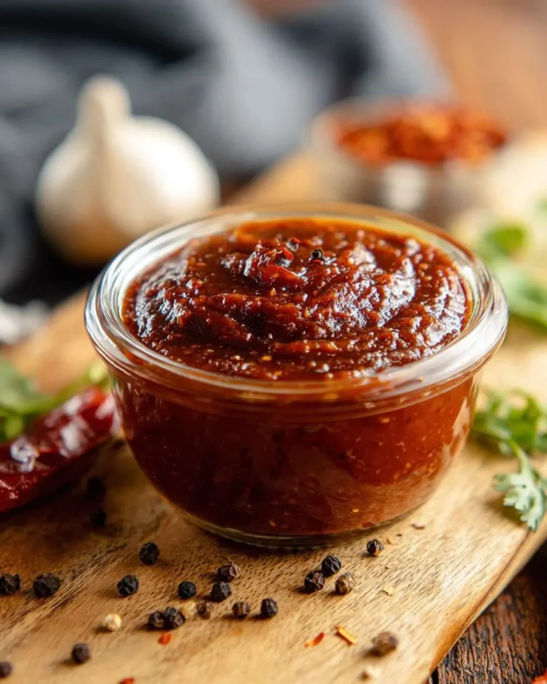 A clear glass bowl filled with rich, chunky Adobo Sauce on a wooden board, surrounded by black peppercorns, a dried chili, and a garlic bulb in the background.