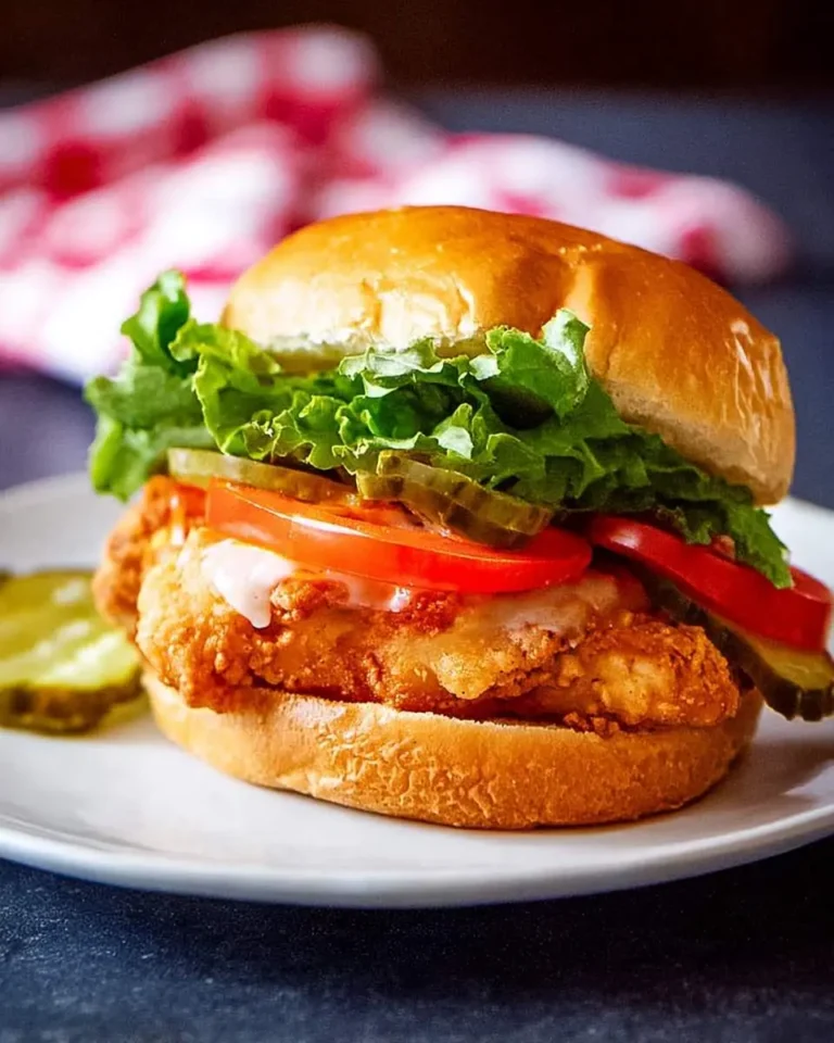 A delicious Air Fryer Chicken Sandwich with crispy fried chicken, lettuce, tomato, pickles, and sauce on a bun, served on a white plate.