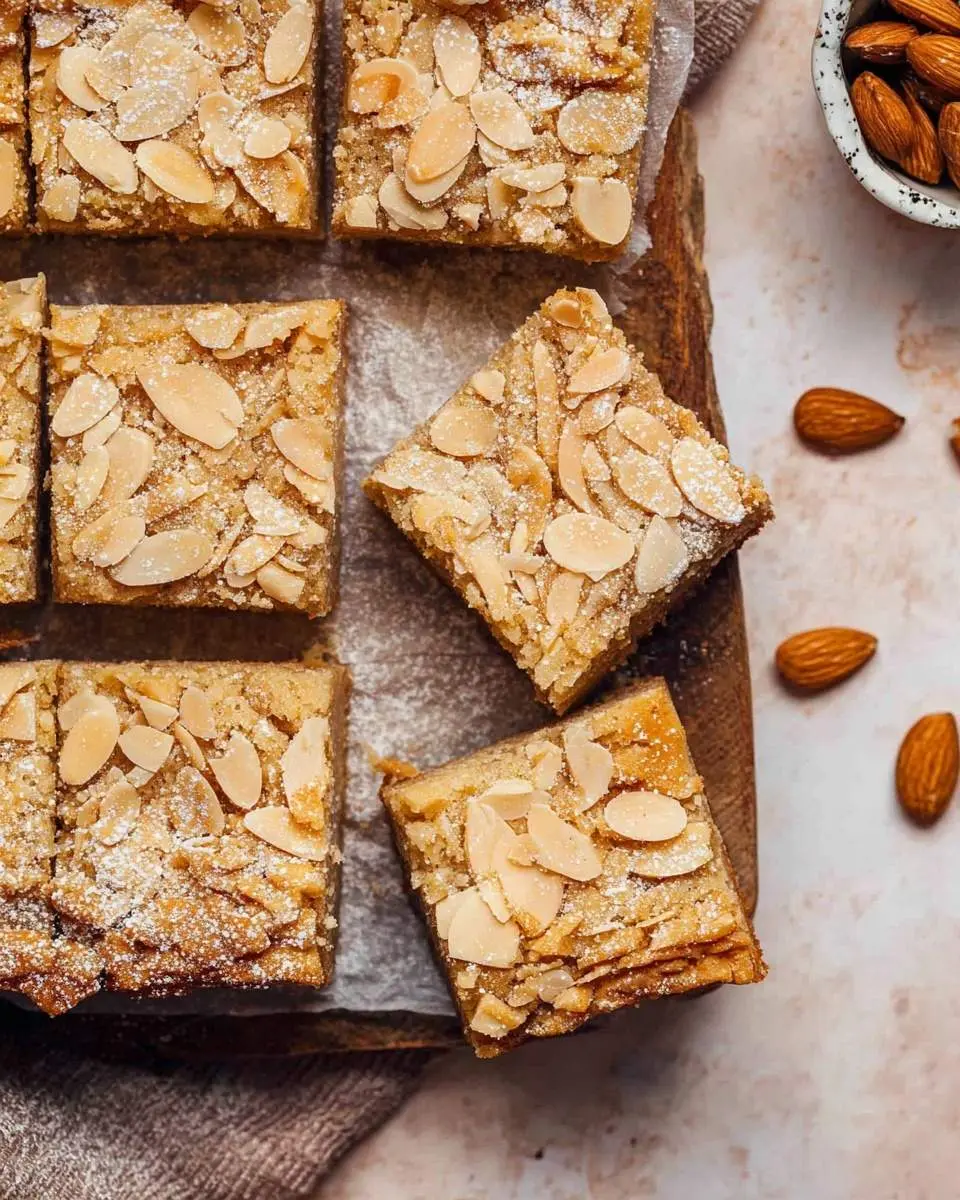 Overhead view of several delicious Almond Croissant Cookie Bars, dusted with powdered sugar and topped with flaked almonds, on a wooden board.