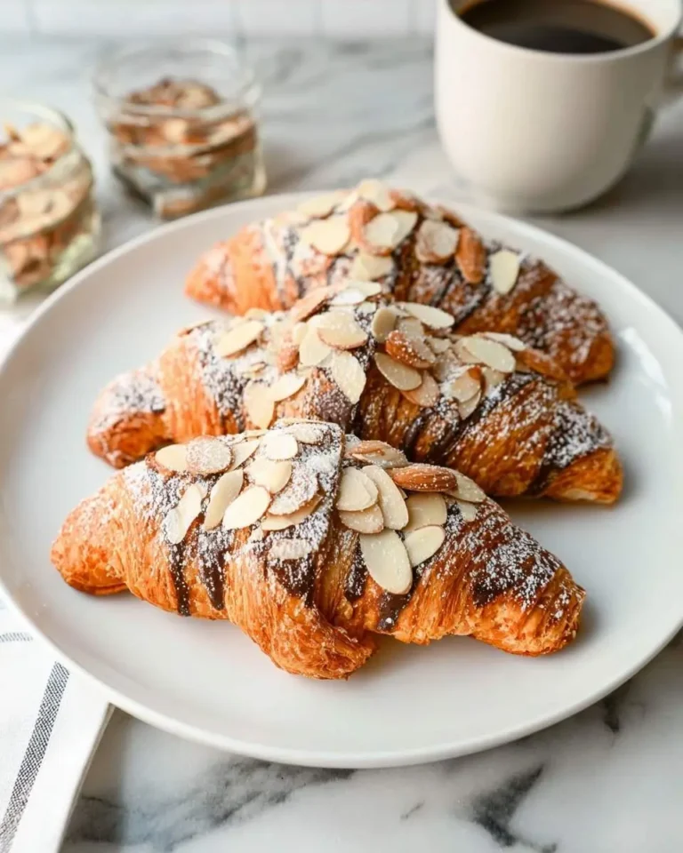 Three delicious almond croissants topped with flaked almonds, powdered sugar, and chocolate drizzle on a white plate with coffee.