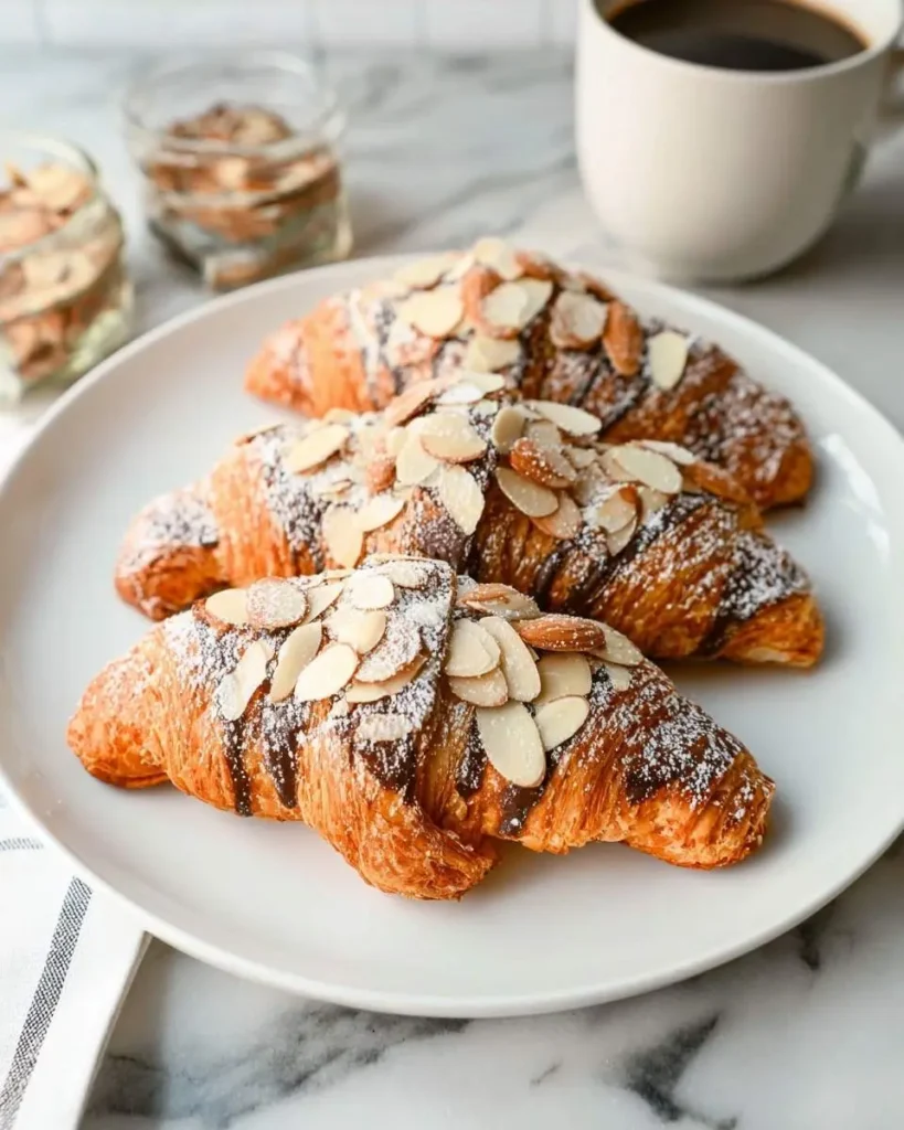 Three delicious almond croissants topped with flaked almonds, powdered sugar, and chocolate drizzle on a white plate with coffee.