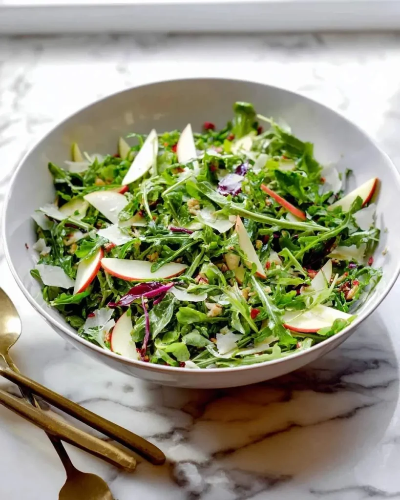 A vibrant Apple Arugula Salad with crisp greens, thinly sliced apples, shaved Parmesan, walnuts, and pomegranate seeds.