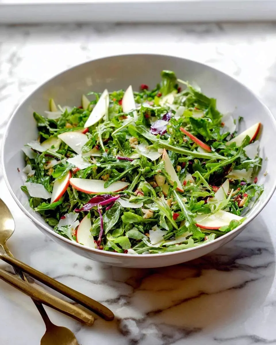 A vibrant Apple Arugula Salad with crisp greens, thinly sliced apples, shaved Parmesan, walnuts, and pomegranate seeds.