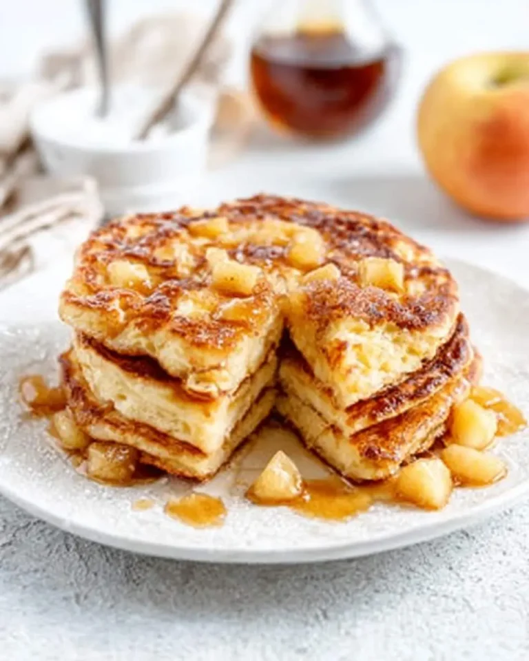 A delectable stack of Apple Cinnamon German Pancakes, drizzled with syrup and topped with sautéed apple chunks, served on a white plate.