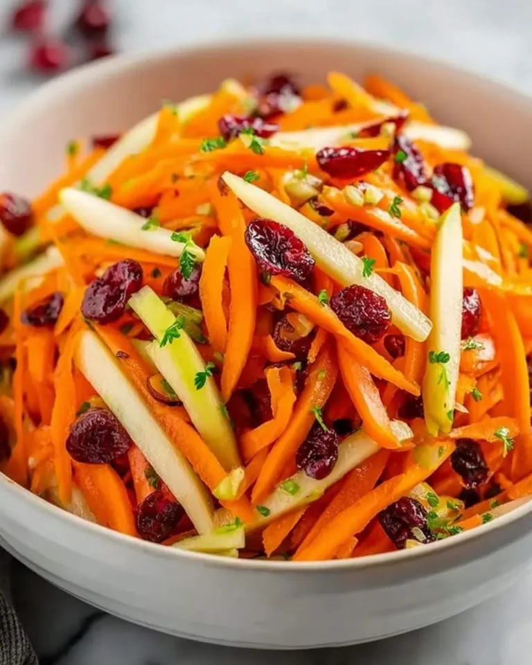 A vibrant Apple Cranberry Carrot Salad in a white bowl, featuring julienned carrots, crisp apple slices, dried cranberries, and fresh herbs.
