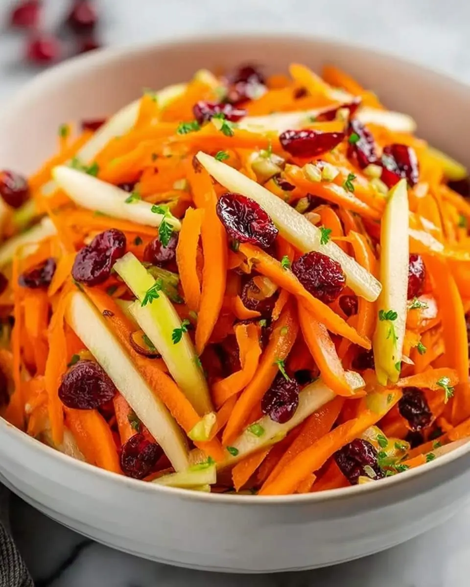 A vibrant Apple Cranberry Carrot Salad in a white bowl, featuring julienned carrots, crisp apple slices, dried cranberries, and fresh herbs.