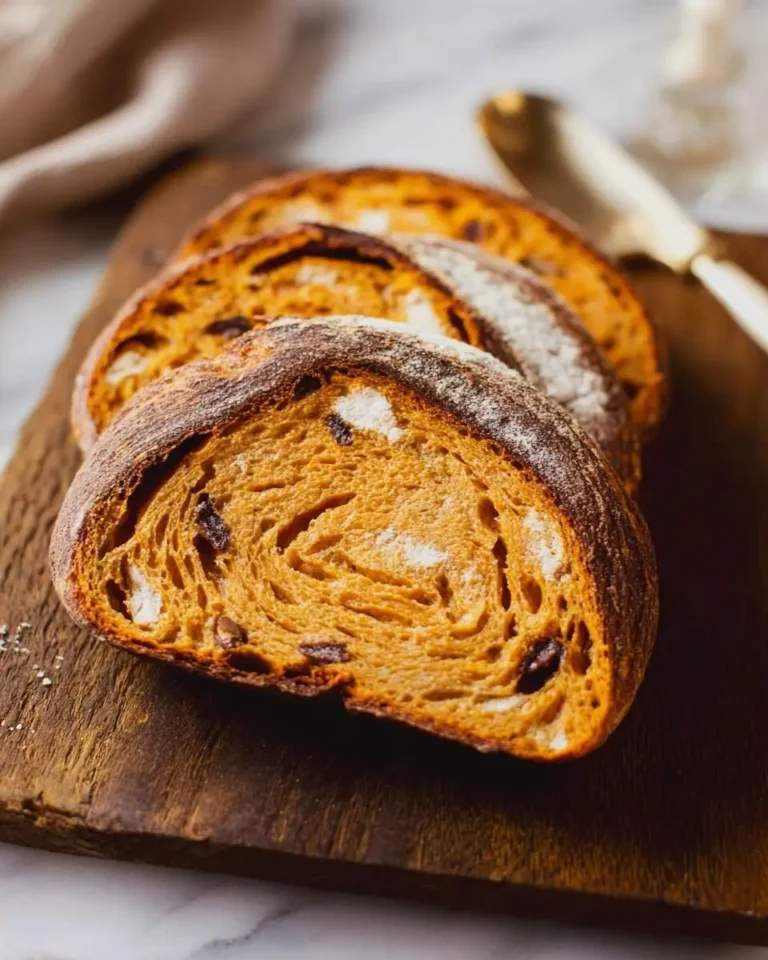 Slices of Artisan Pumpkin Sourdough Bread, showcasing a rich orange crumb with inclusions, dusted with flour on a wooden board.