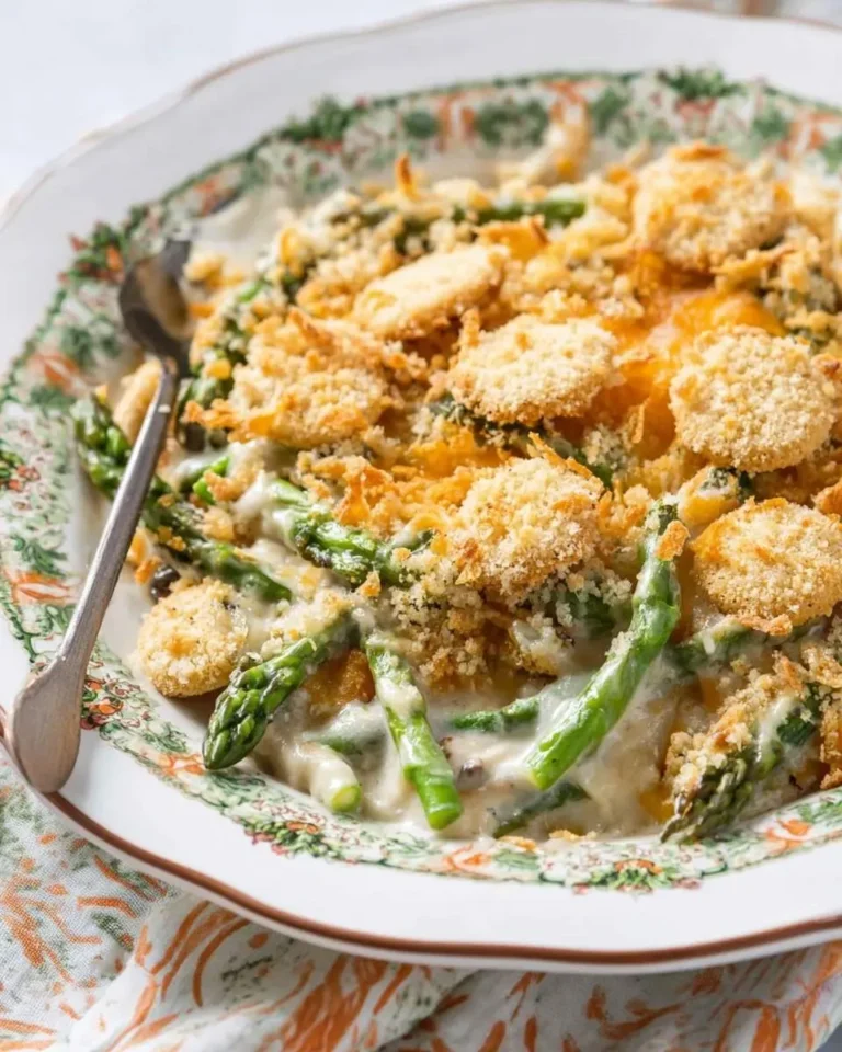 A creamy asparagus casserole, richly topped with golden-brown Ritz crackers, served in a decorative dish with a spoon.