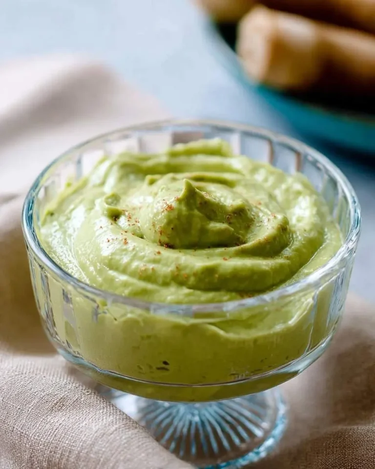 A clear glass bowl filled with creamy green avocado sauce, lightly sprinkled with paprika, sitting on a beige cloth.