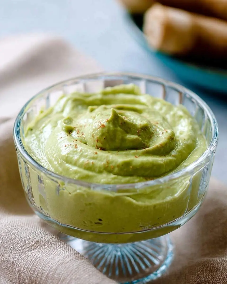 A clear glass bowl filled with creamy green avocado sauce, lightly sprinkled with paprika, sitting on a beige cloth.