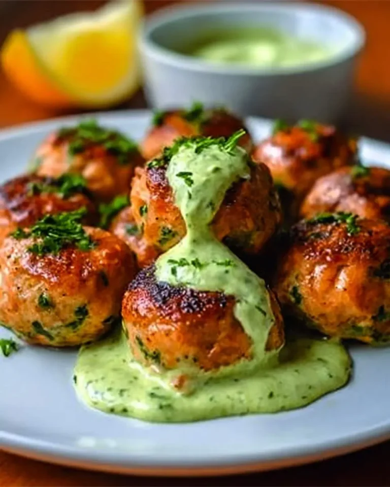 Baked Salmon Meatballs with Creamy Avocado Sauce drizzled over, garnished with fresh herbs, served on a plate with a lemon wedge.