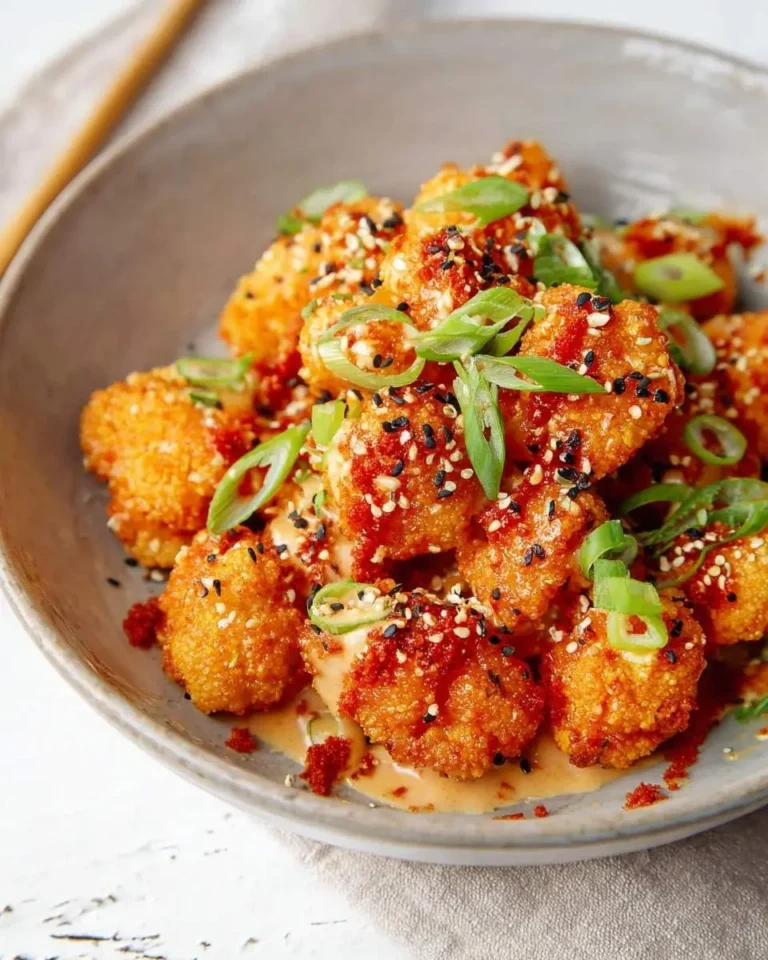 A close-up of a grey bowl filled with crispy, golden bang bang cauliflower florets, drizzled with a creamy sauce and garnished with green onions and sesame seeds.