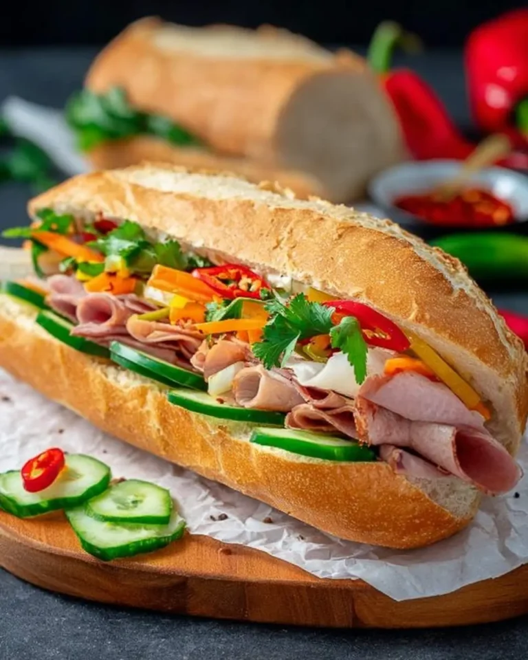 A vibrant Banh Mi Vietnamese sandwich filled with meats, fresh vegetables, cilantro, and chili on a wooden board.