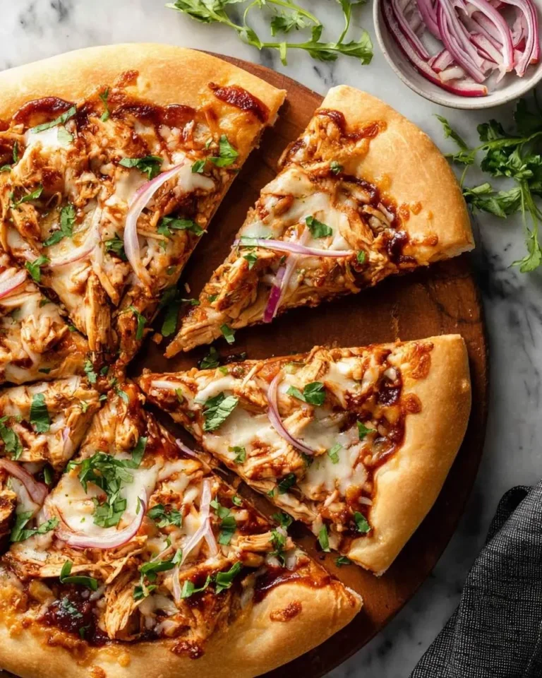 An overhead shot of a freshly baked BBQ Chicken Pizza, sliced on a wooden cutting board, garnished with red onions and herbs.