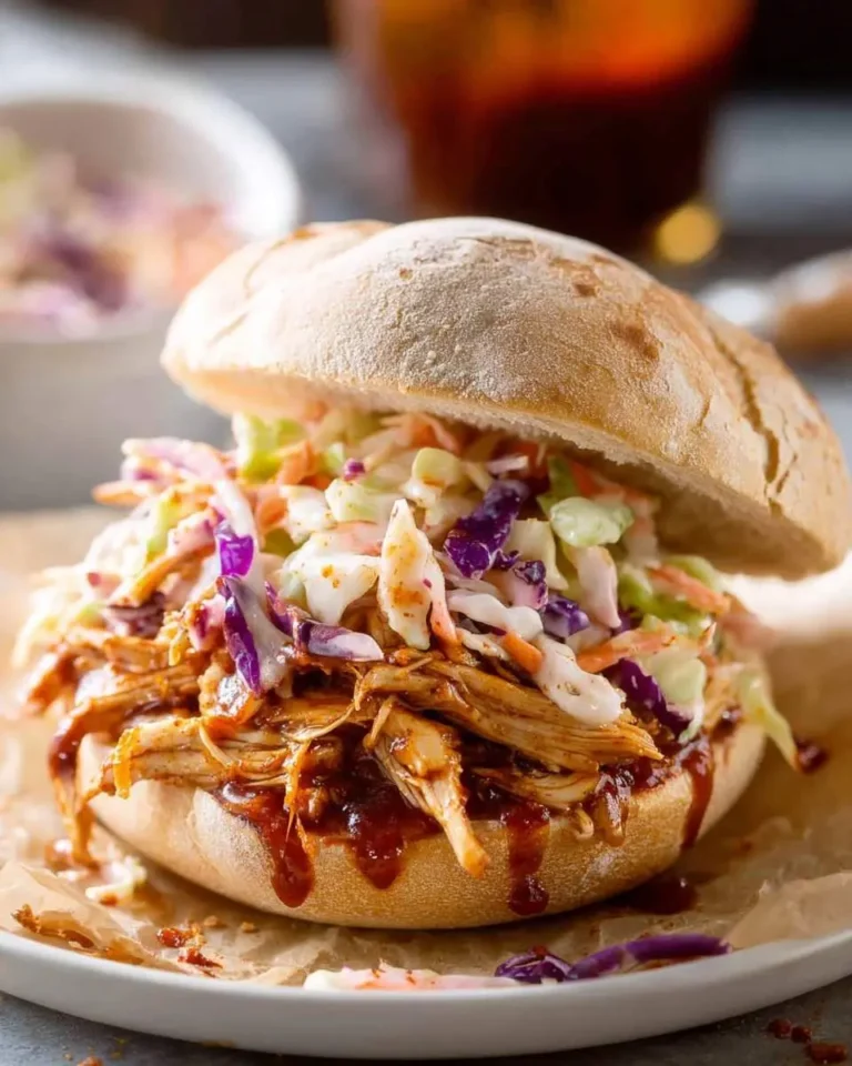 A delicious BBQ Pulled Chicken Sandwich with Coleslaw, dripping with sauce on a rustic bun, served on parchment paper.