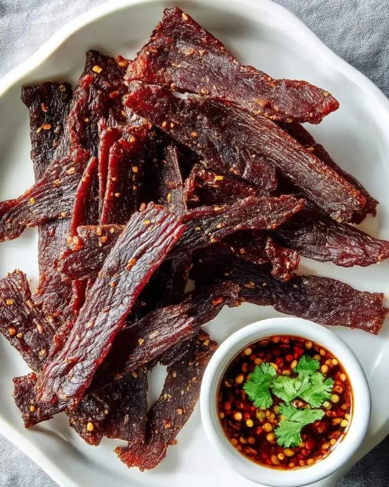 A close-up of a white plate piled high with seasoned beef jerky strips, served with a small bowl of spicy chili dipping sauce and fresh cilantro.
