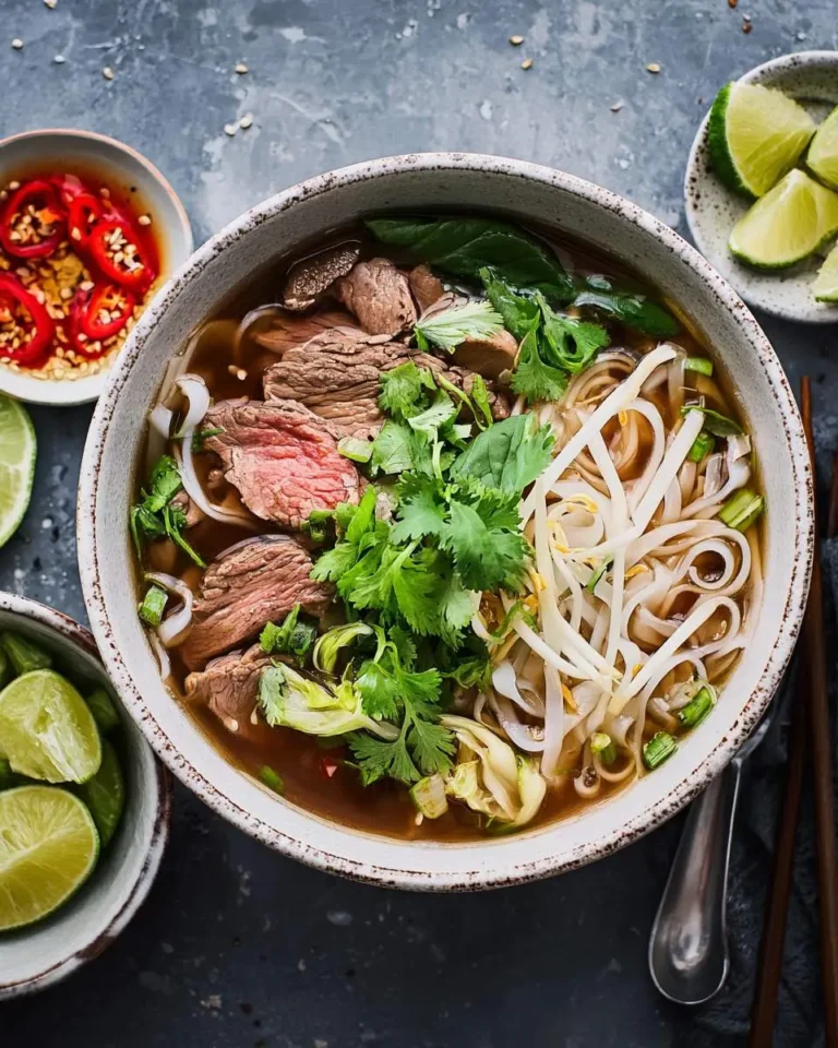 A vibrant overhead shot of a steaming bowl of Beef Pho garnished with fresh herbs, bean sprouts, and thinly sliced beef, with lime and chili sauce on the side.