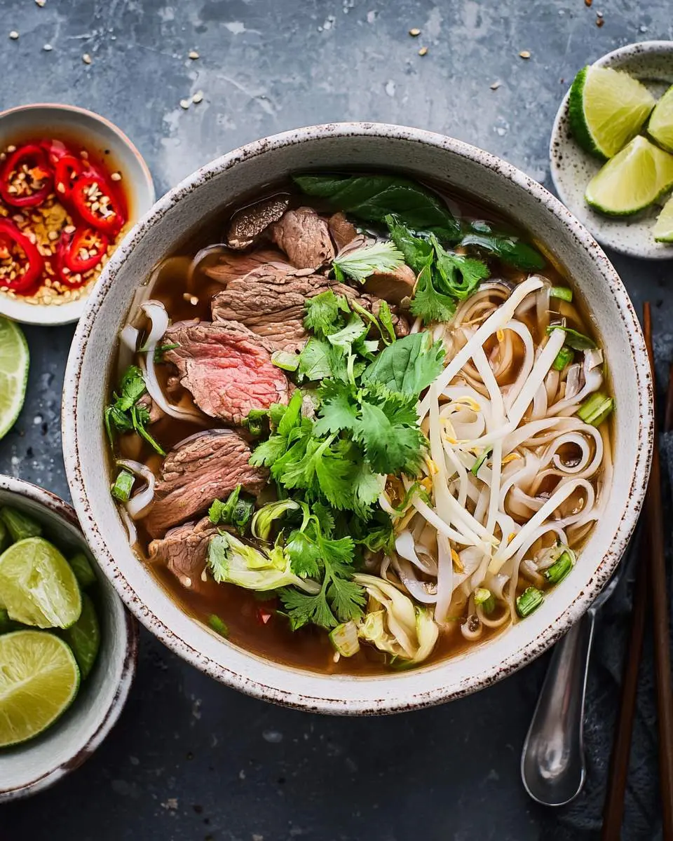 A vibrant overhead shot of a steaming bowl of Beef Pho garnished with fresh herbs, bean sprouts, and thinly sliced beef, with lime and chili sauce on the side.