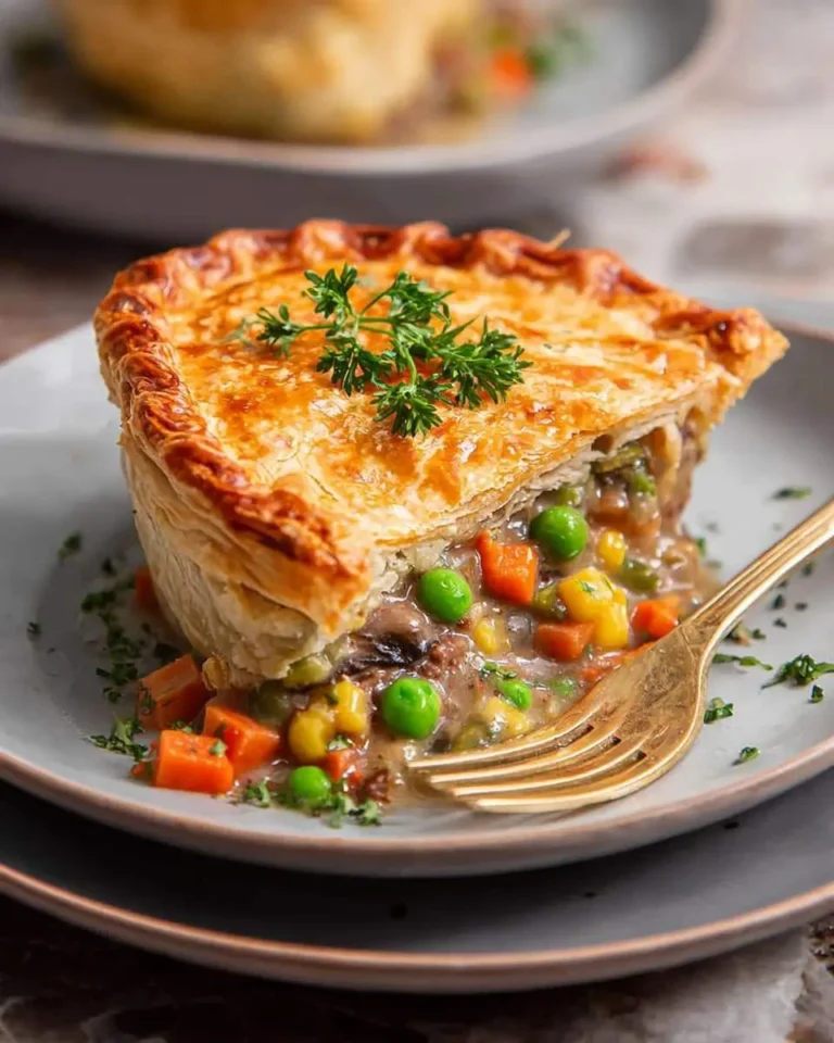 A close-up of a golden, flaky Beef Pot Pie, cut open to show a hearty filling of beef, peas, and carrots, served on a grey plate with a gold fork.