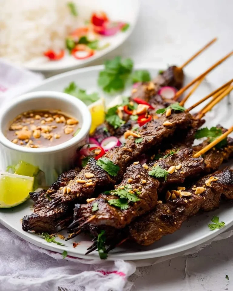 Close-up of numerous grilled Beef Satay skewers on a white plate, served with a bowl of peanut sauce, lime, and fresh herbs.
