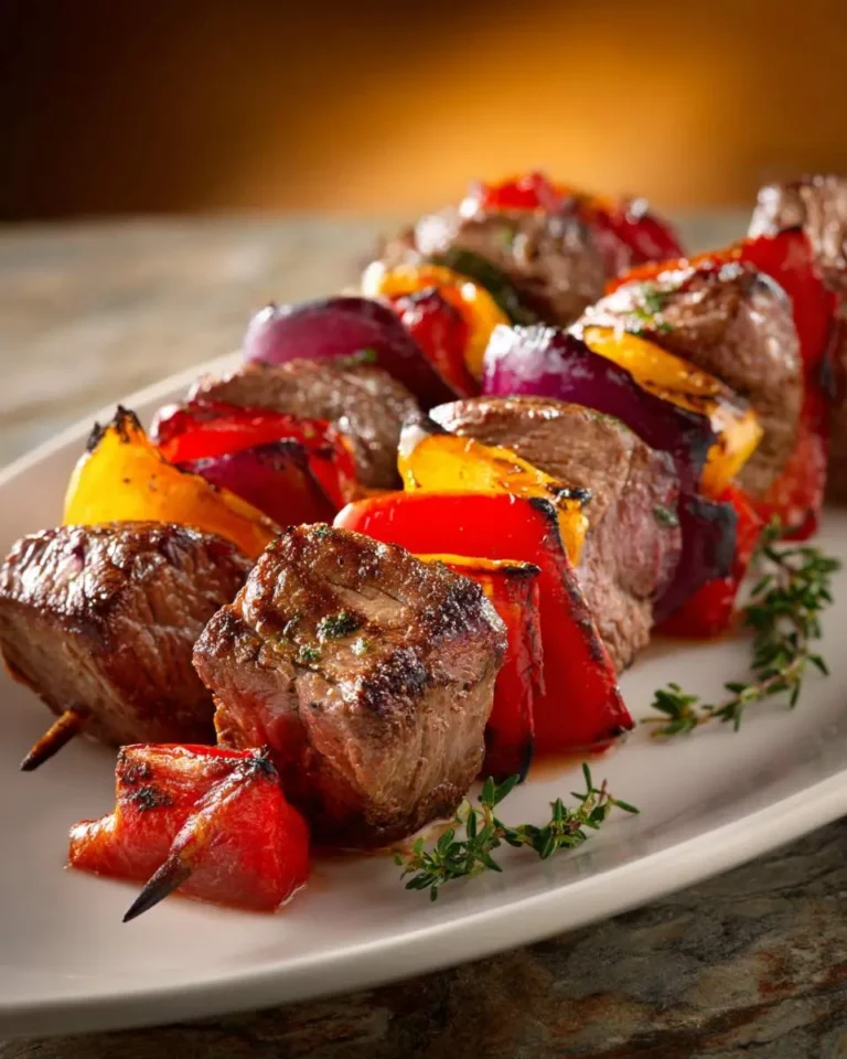 Grilled Beef Shish Kabobs with colorful bell peppers and red onions on a white plate, garnished with fresh thyme.