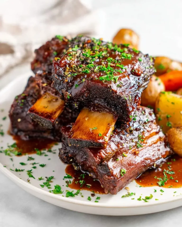 Close-up of glazed Beef Short Ribs garnished with fresh parsley and herbs, served with roasted baby potatoes and carrots on a white plate.
