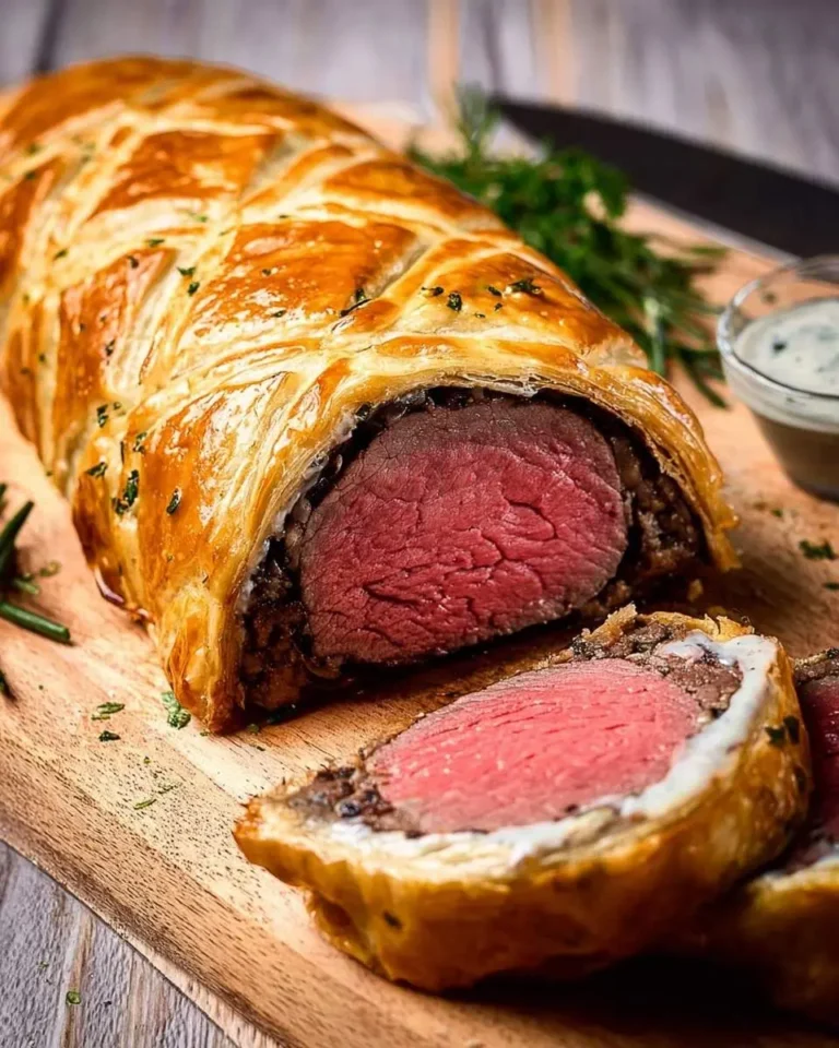 A perfectly baked and sliced Beef Wellington reveals a tender, medium-rare beef tenderloin wrapped in golden, flaky puff pastry.