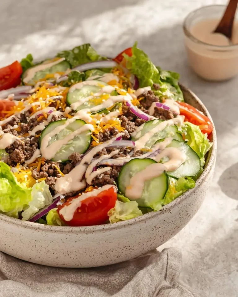 A healthy big mac bowl featuring seasoned ground beef, crisp lettuce, shredded cheddar, tomatoes, cucumbers, red onion, and special sauce.